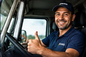 Motorista na cabine do caminhão fazendo sinal de positivo